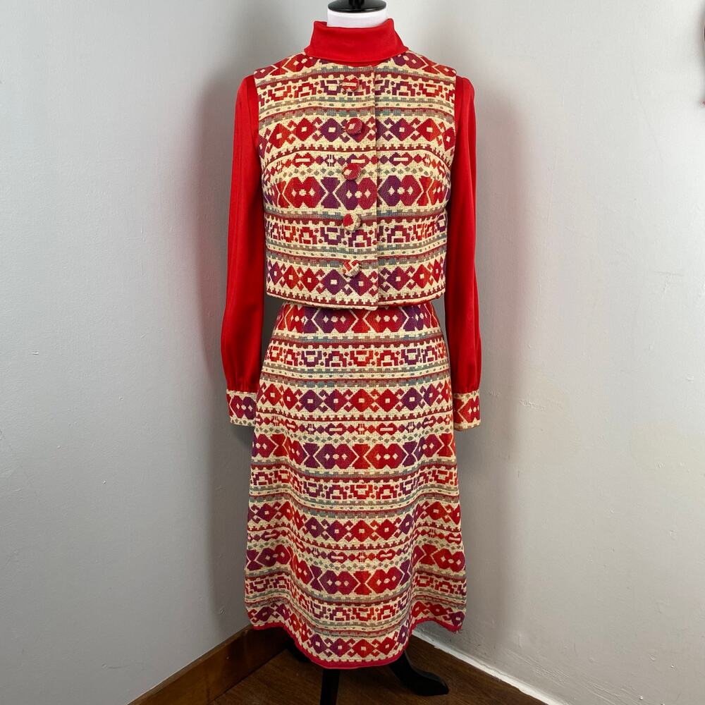 Vintage Mr Blackwell 1970s Midi Dress & Vest Set Folk-inspired Bohemian Small